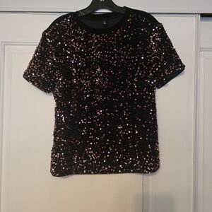 Allegra K Black and Pink Sequin Short Sleeve Top